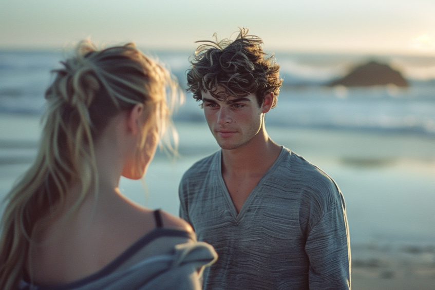 A man talking to a woman at the beach | Source: Midjourney