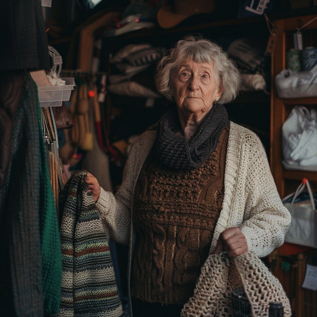 A woman holding knitted items in a store | Source: Midjourney