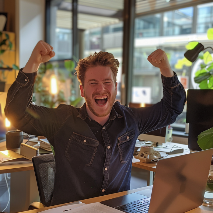 A man celebrating his promotion in office | Source: Midjourney