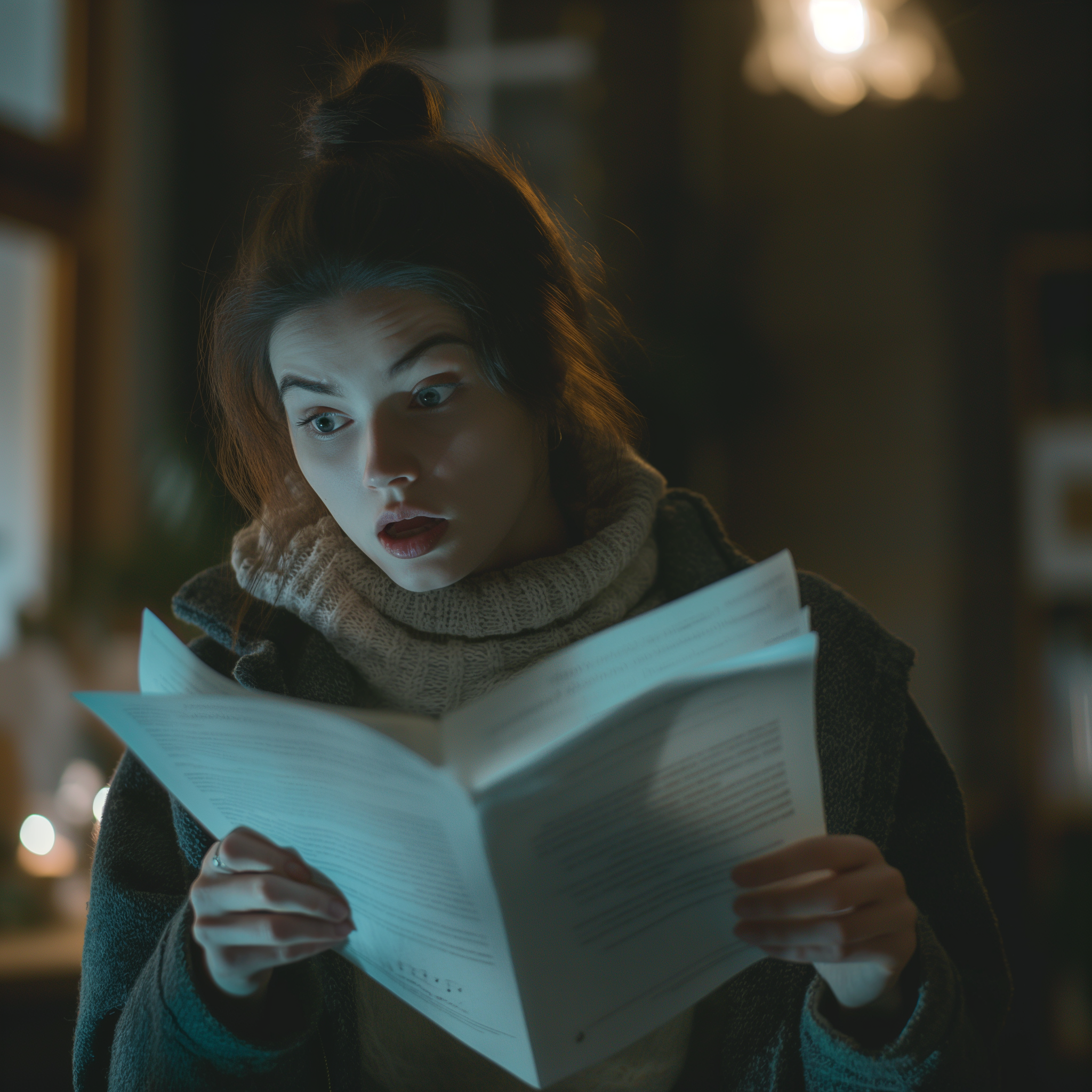 A shocked woman reading a document | Source: Midjourney