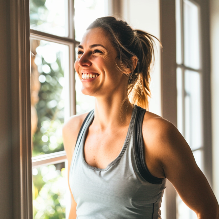 A woman smiling while standing near a window | Source: Midjourney