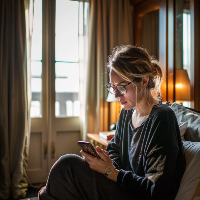 A woman using her phone while sitting in a room | Source: Midjourney