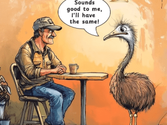 A truck driver walks into a cafe on the Hume Highway with a full-grown emu behind him