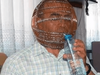 Man locks his head in a massive cage and gives wife the key to quit smoking